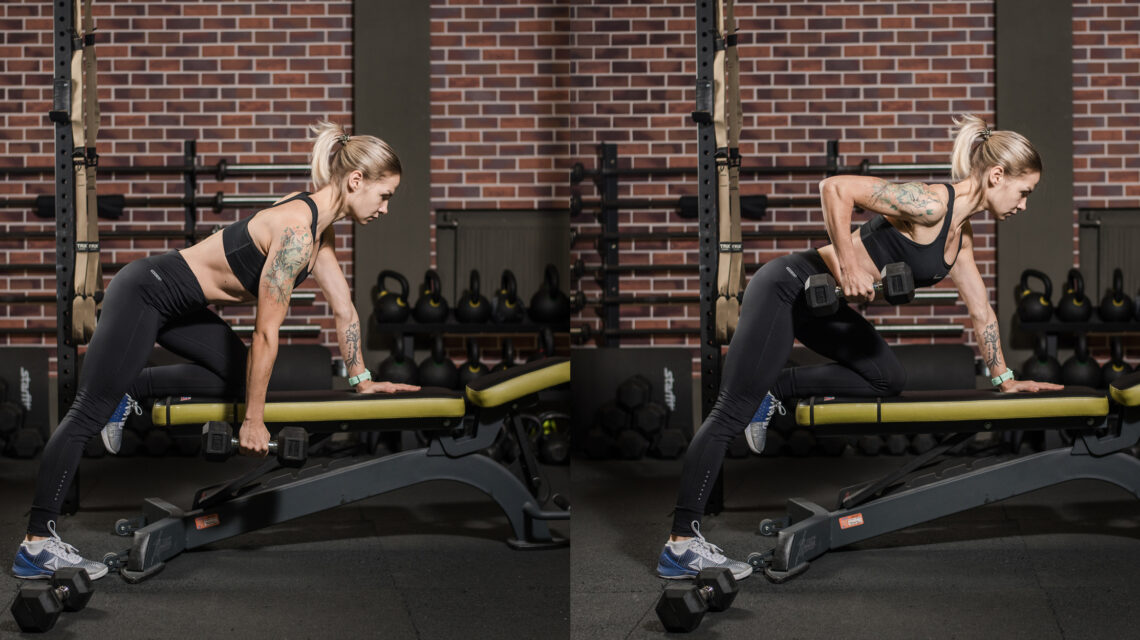 Woman Displaying One-Arm Bench-Supported Dumbbell Row