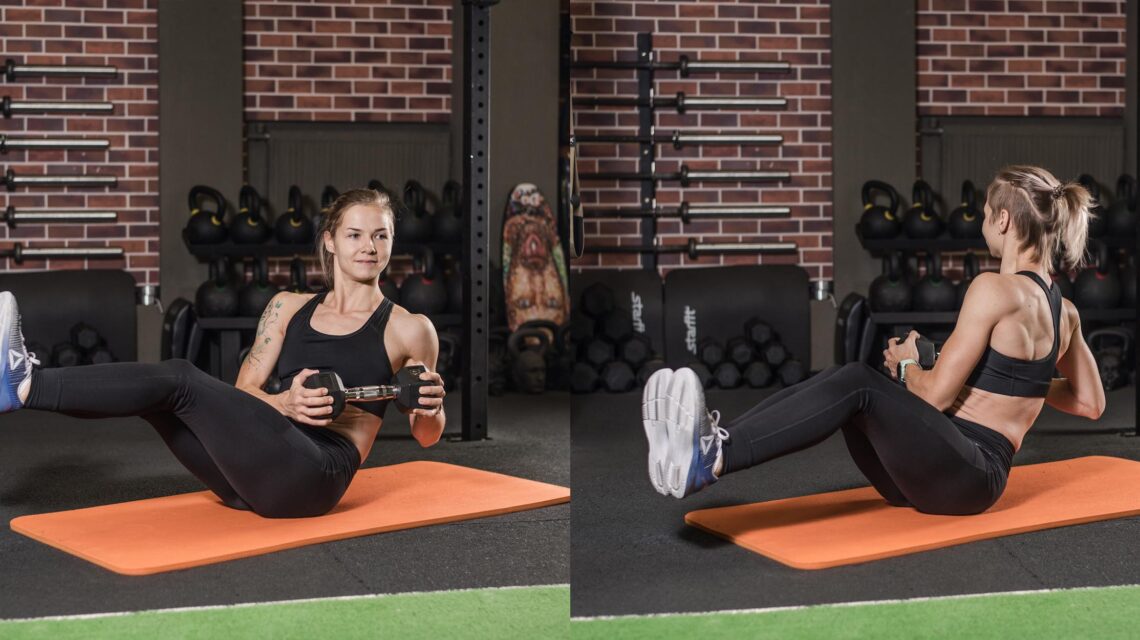 Woman Displaying Dumbbell Ab Twist Exercise