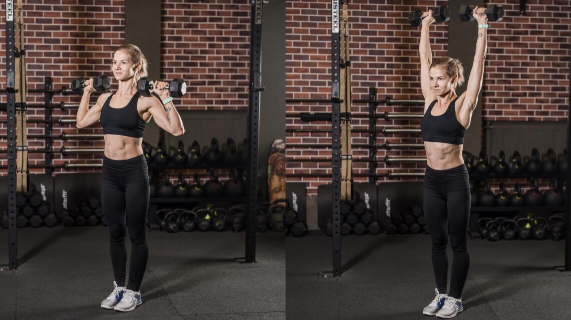 Woman Displaying Standing Dumbbell Press