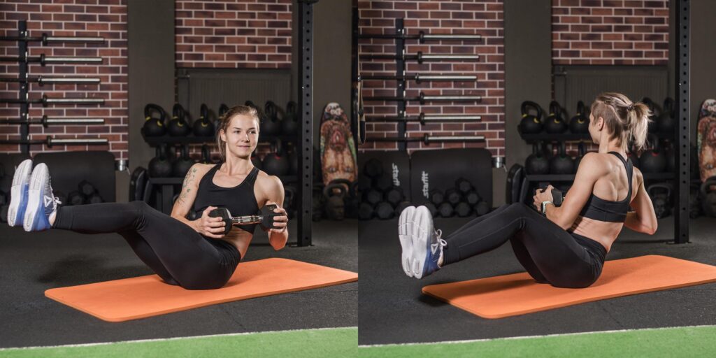 Woman Displaying Dumbbell Ab Twist Exercise - Dumbbells Benefits