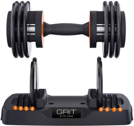 GRIT Complete Set: 2x12.5 lbs, 2x25 lbs, 2x55 lbs Adjustable Dumbells +  Stand + Bench