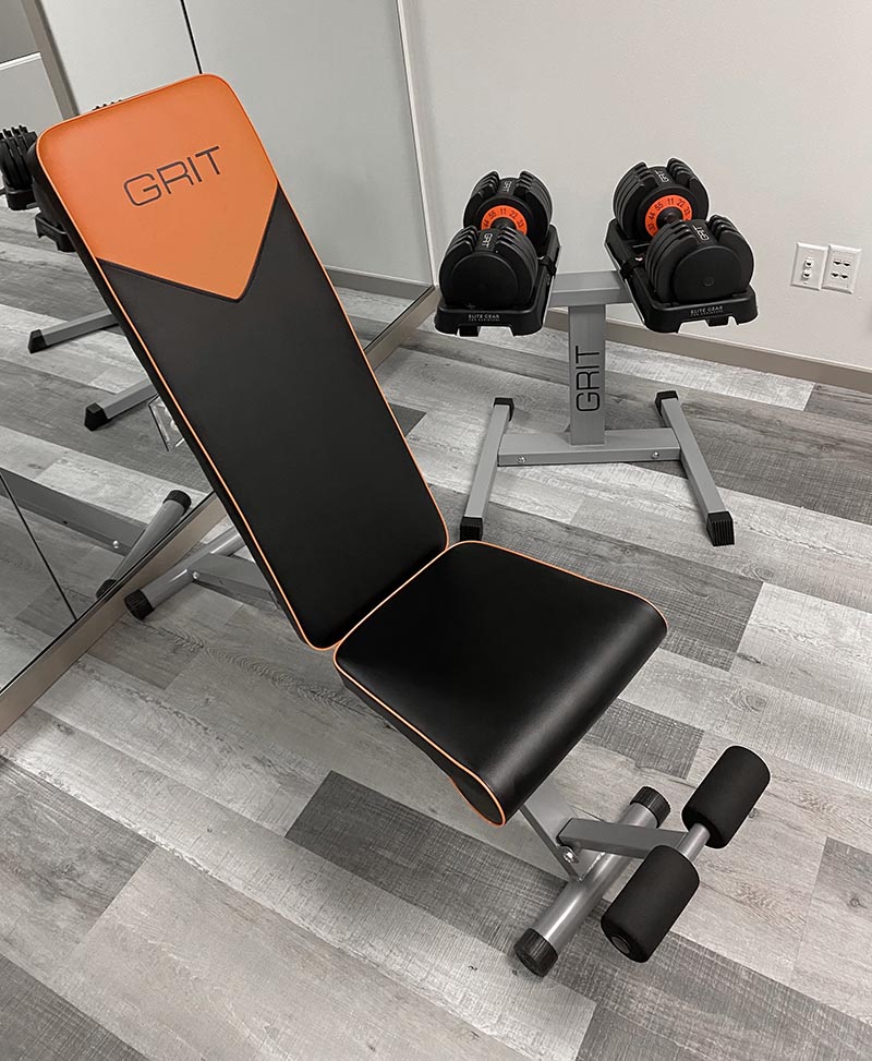 GRIT PRO Workout SET: Gray Workout Bench and Gray GRIT Dumbbell Stand with two 55lb Grit Adjustable Dumbbells at a Home GYM