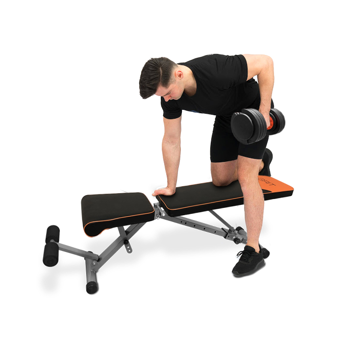 man doing exercise on grit workout bench black with 55 lbs adgustablle dumbbells