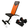 orange workout bench + 2x 55lb adjustable dumbbells for home gym