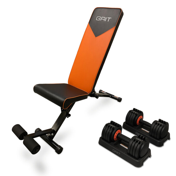 orange workout bench + 2x 55lb adjustable dumbbells for home gym